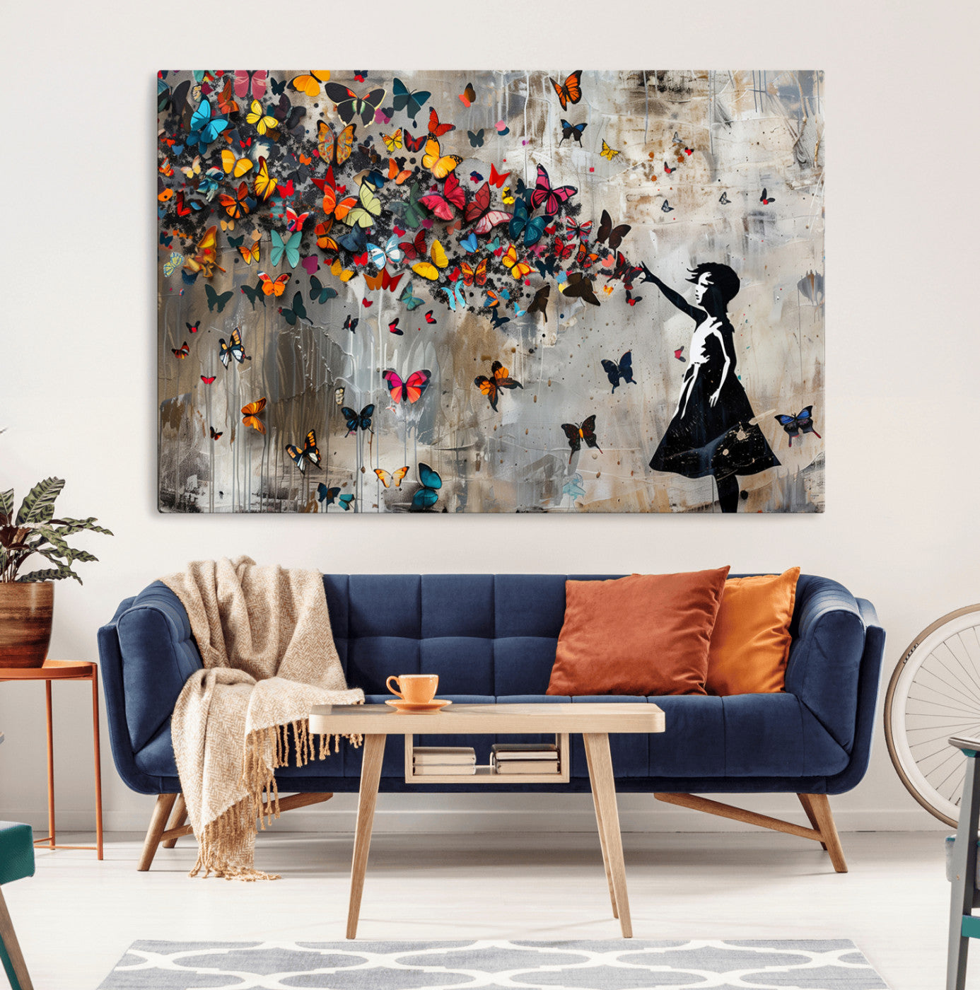 MGV-CV-36X24 - Banksy Wall Art - Banksy Girl and Butterfly Explosion Wall Art Canvas Print | Girl with Butterflies