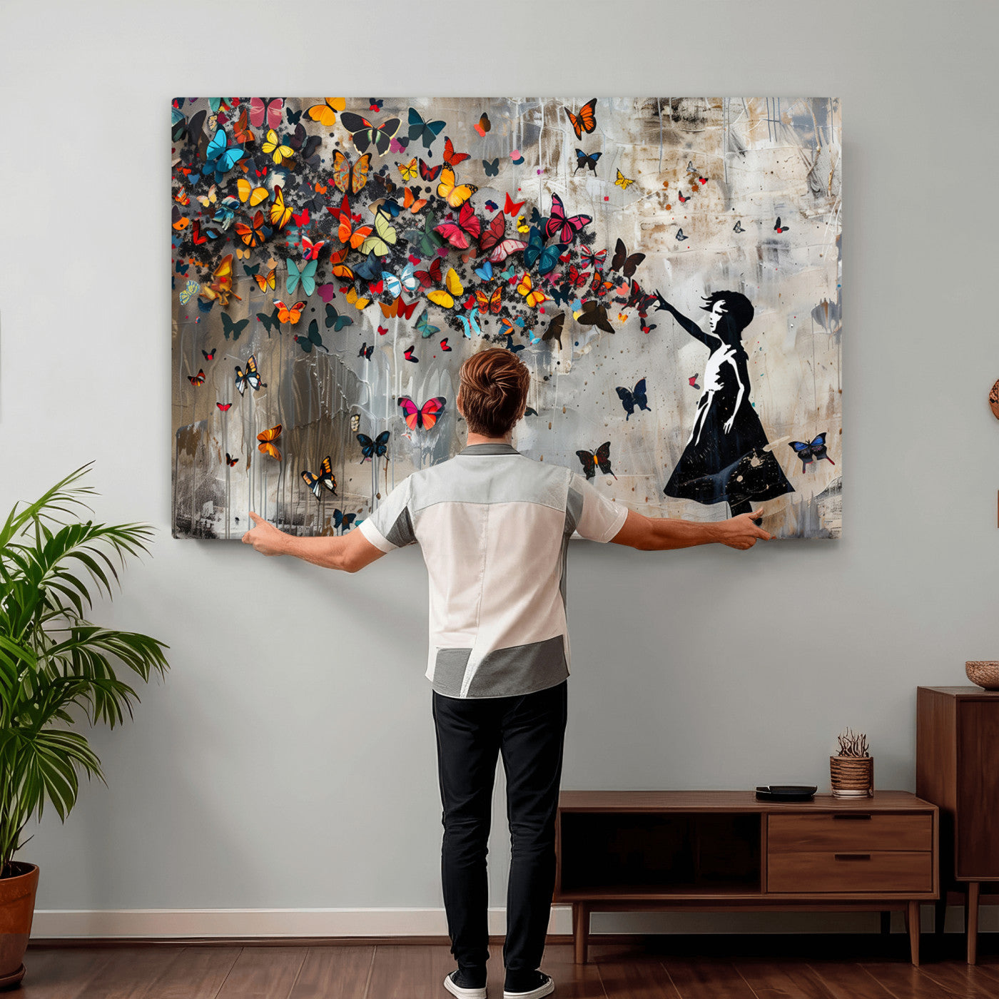 40269-MGV-CV-36X24 - Banksy Wall Art - Banksy Girl and Butterfly Explosion Wall Art Canvas Print | Girl with Butterflies