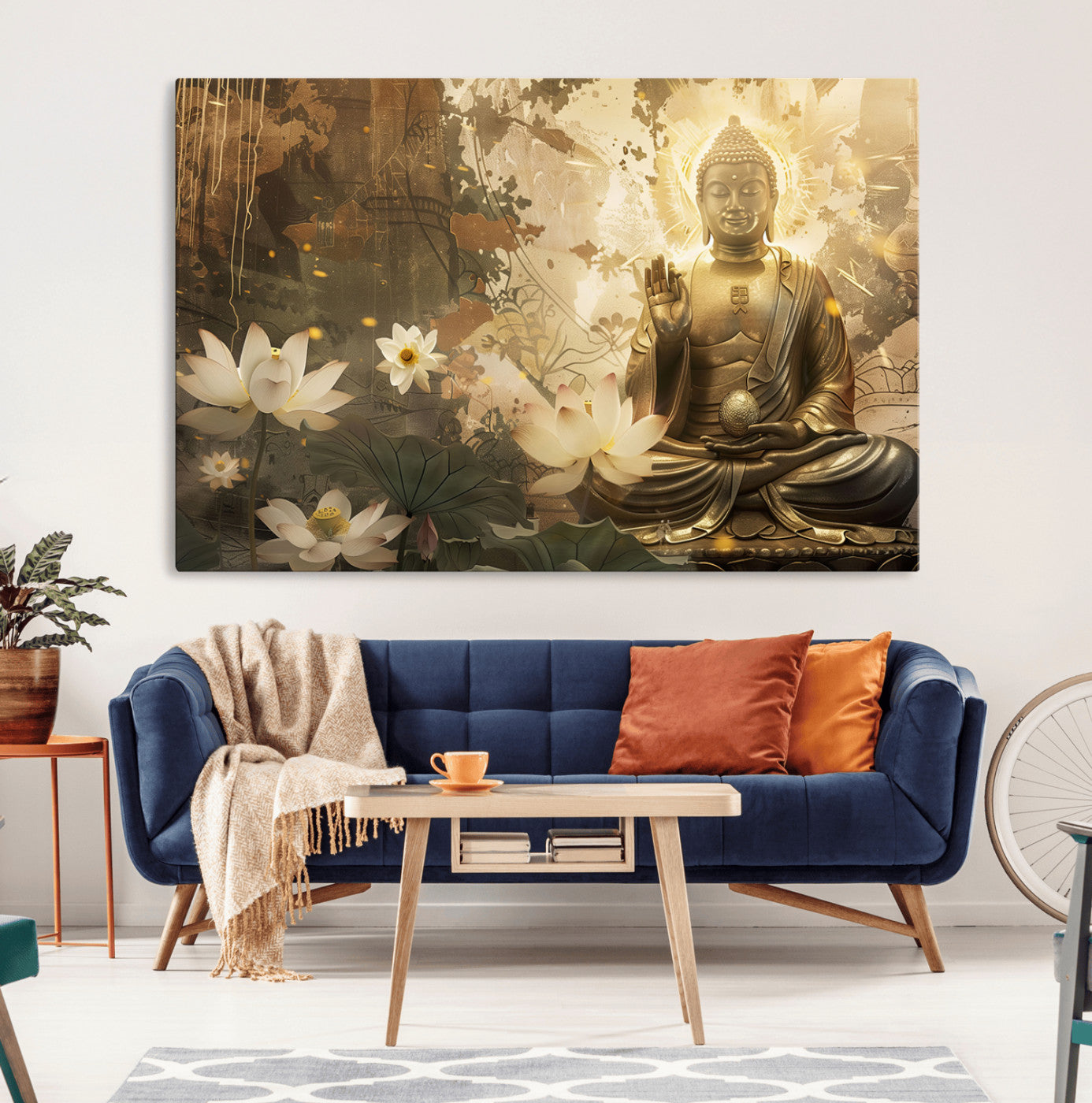 MGV-CV-36X24 - Zen Buddha Wall Art Canvas Print | Peaceful Meditation Decor with Lotus Flowers | Spiritual Serenity