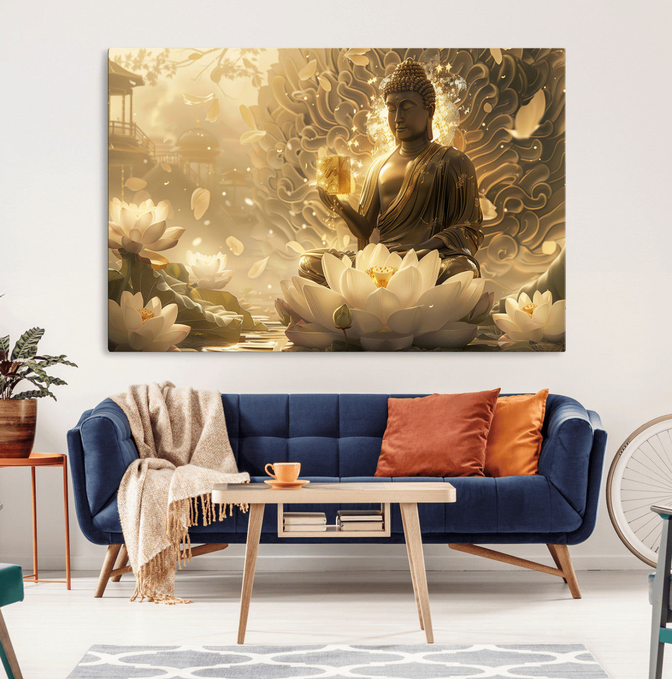 MGV-CV-36X24 - Golden Buddha Wall Art | Yoga Room Decor and Meditation Room Wall Art | Framed and Ready to Hang