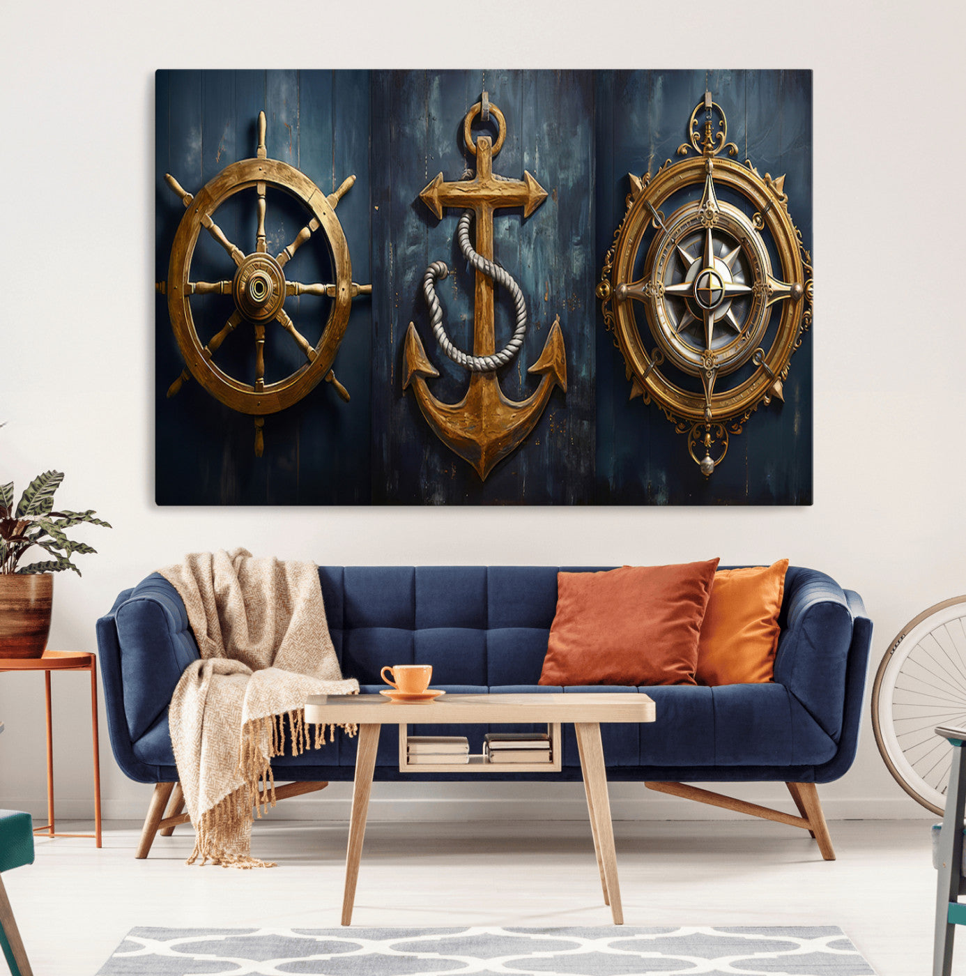 MGV-CV-36X24 - Boat Anchor Compass With Rope Wall Art Canvas Print | Beach House Wall Art