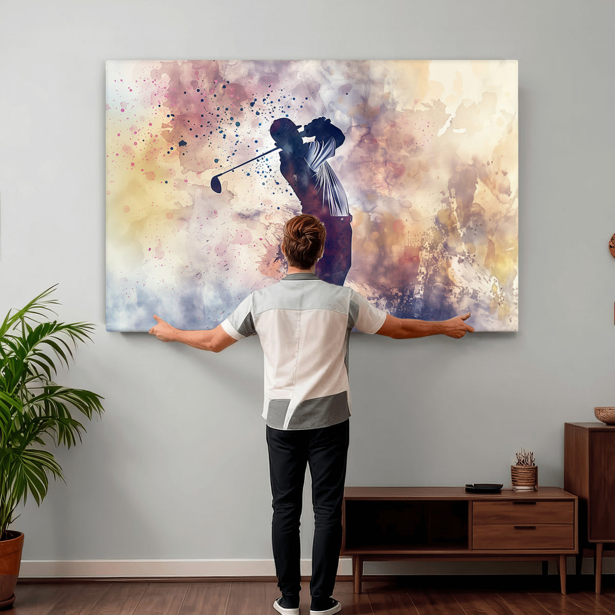 10848-MGV-CV-36X24 - Abstract Watercolor Golf Player Wall Art Canvas Print