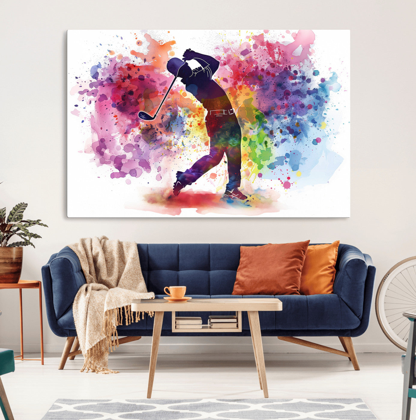 66537-MGV-CV-36X24-Colorful Golfer Swing Wall Art Canvas Print - Ready to Hang, Framed Sports Decor