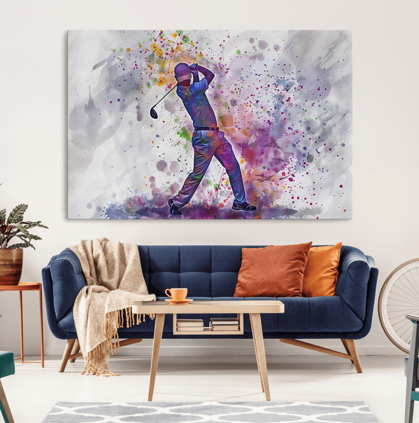 60116-MGV-CV-36X24-Watercolor Golf Swing Wall Art Canvas Print | Vibrant Abstract Golf Player Silhouette |