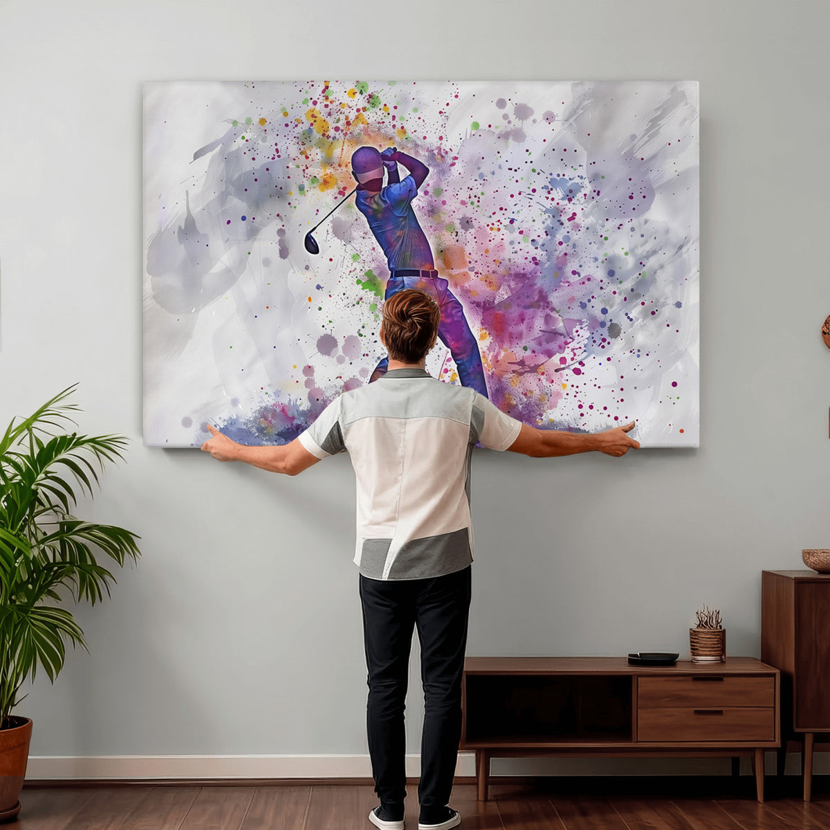 60116-MGV-CV-36X24 - Watercolor Golf Swing Wall Art Canvas Print, Vibrant, Framed and Ready to Hang