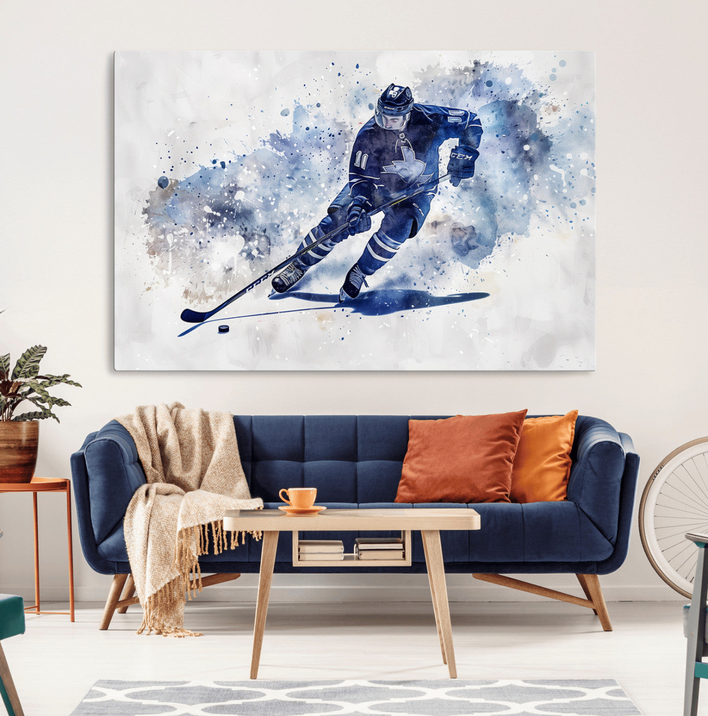 39795-MGV-CV-36X24-Hockey Player Wall Art Canvas Print - Sports-Inspired Watercolor Decor - Ready to Hang