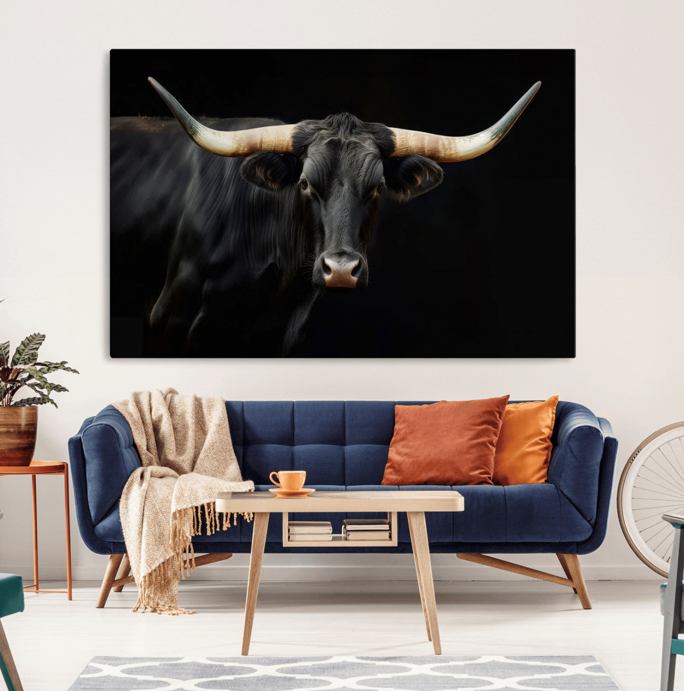 MGV-CV-36X24 - Texas Longhorn Cow | Majestic Black Bull Wall Art Canvas Print - Farmhouse Animal Decor - Ready to