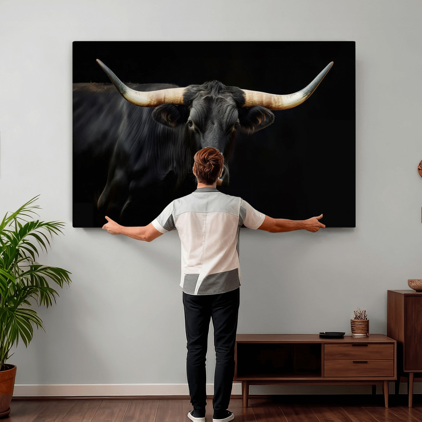 63798-MGV-CV-36X24 - Texas Longhorn Cow | Majestic Black Bull Wall Art Canvas Print - Farmhouse Animal Decor - Ready to
