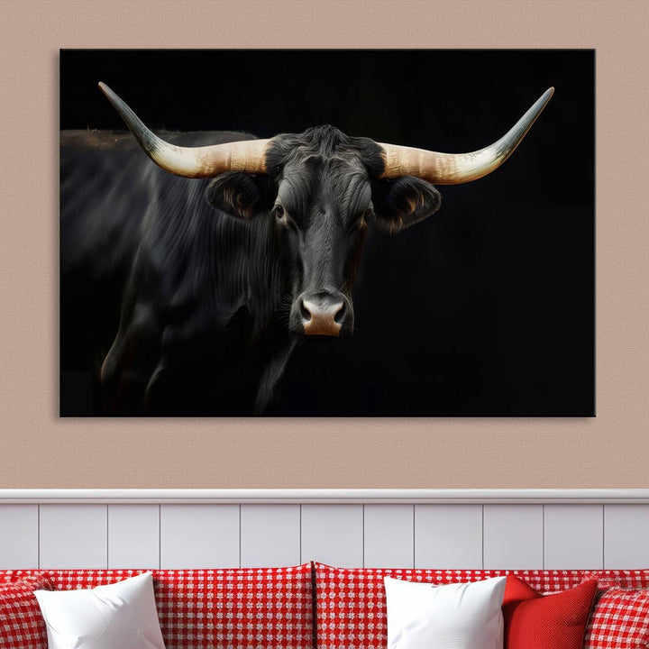 Texas Longhorn Cow | Majestic Black Bull Wall Art Canvas Print - Farmhouse Animal Decor - Ready to Hang