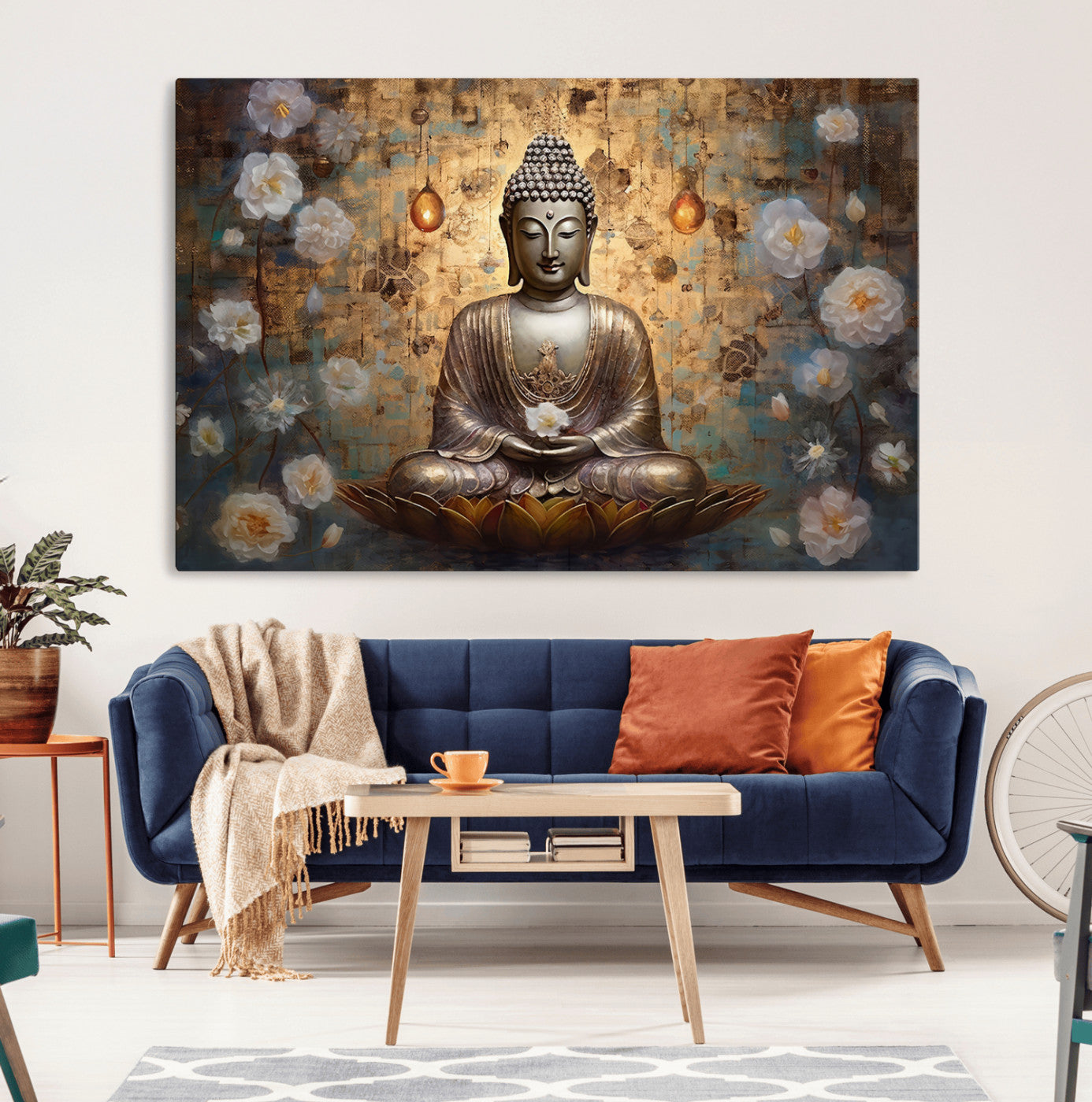 MGV-CV-36X24 - Golden Buddha Wall Art Canvas Print | Zen Meditation Floral Decor | Tranquil Spiritual Home Art |