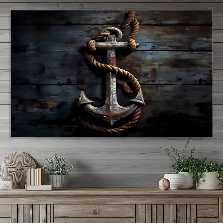 The wooden wall displays a 3 Panel Grunge Abstract Anchor Wall Art Canvas Print Set.