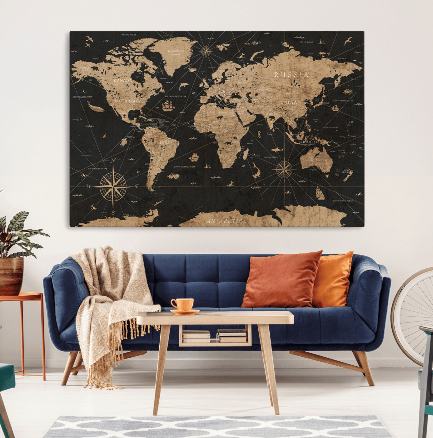 61023-MGV-CV-36X24-Vintage Push Pin World Map Canvas Print – Framed Travel Tracker Wall Art, Rustic Adventure Map Gift for Home or Office Decor