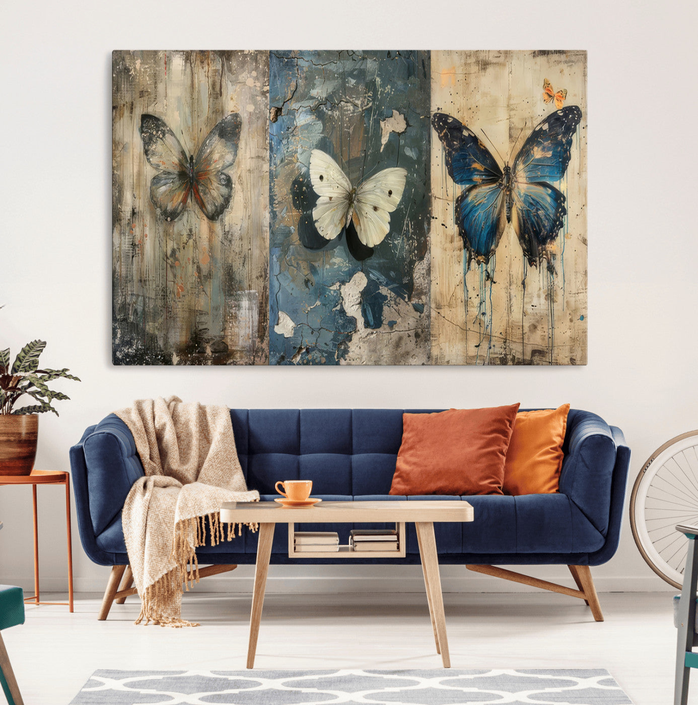 MGV-CV-36X24 - Butterfly Wall Art Trio | Vintage Butterfly Canvas Print | Ready to Hang Framed Artwork for