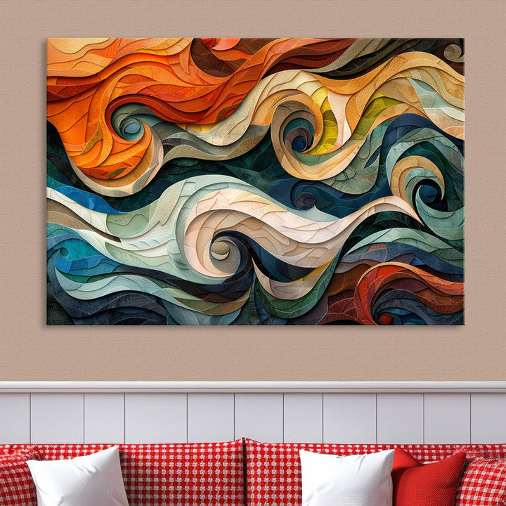 Abstract Wave Wall Art is a ready-to-hang framed canvas print featuring swirling orange, blue, and white patterns. It's perfect for adding vibrant decor to modern spaces.