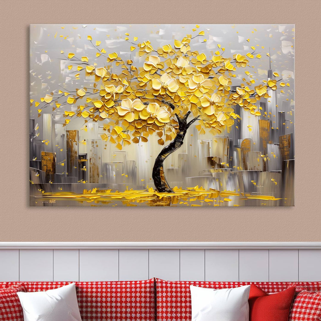 A framed canvas print from the "Golden Tree Canvas Print | Abstract Wall Art for Modern Homes | Ready to Hang Framed Artwork" collection hangs elegantly against the dark wall, epitomizing exquisite abstract wall art.