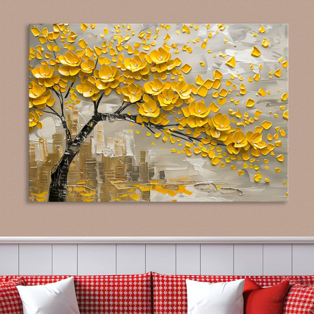 Yellow Blossom Tree Canvas Wall Art, featuring a floral abstract modern design, is elegantly displayed against a dark wall. This sophisticated piece enhances the contemporary aesthetic of the space.