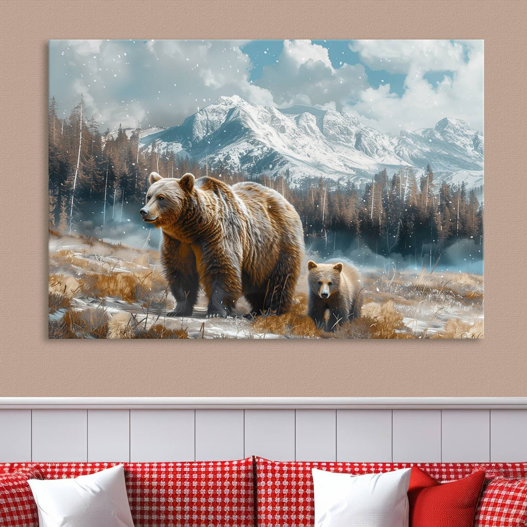 The modern living room features a Bear and Baby Bear Wall Art Canvas Print depicting a snowy mountain landscape, making it a stunning visual piece and a meaningful gift idea.