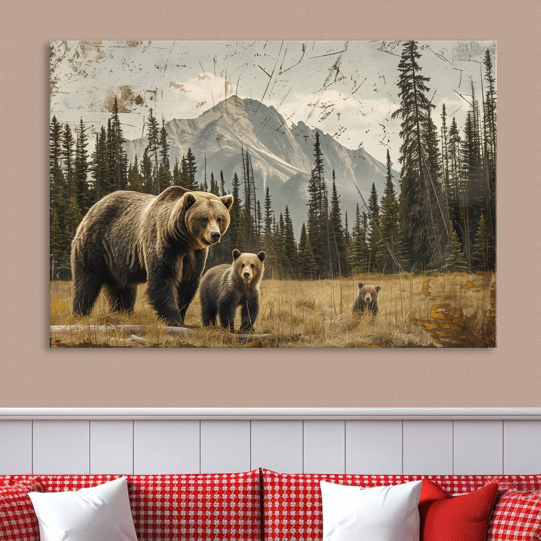 Rustic Grizzly 399: Bear Family Wall Art Canvas Print.