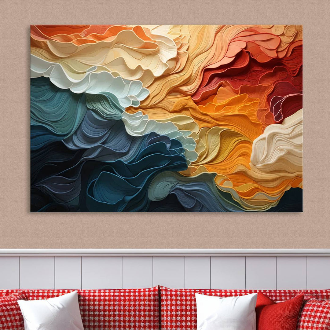 A Blue Orange Abstract Wave Wall Art Canvas Print adorns the wall. This colorful masterpiece is professionally hand-assembled to enhance any space.