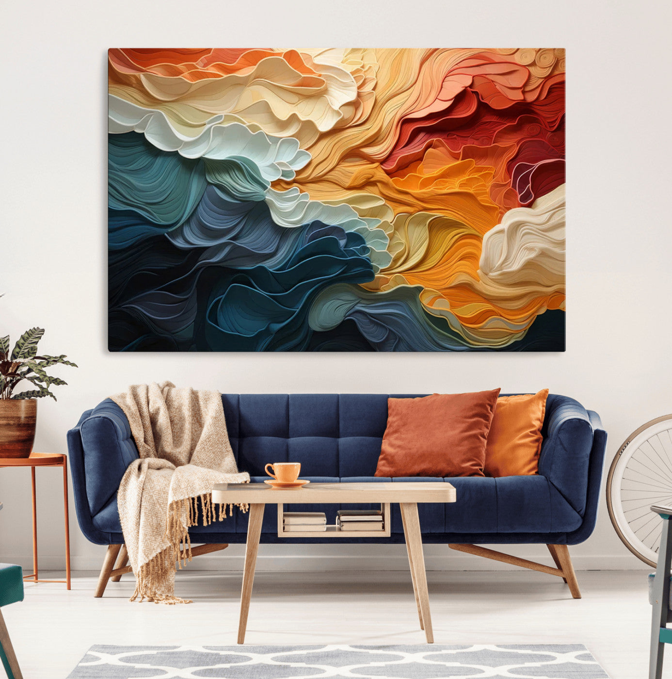 MGV-CV-36X24 - Blue Orange Abstract Wave Wall Art Canvas Print, Framed Blue Orange Wave Wall Art