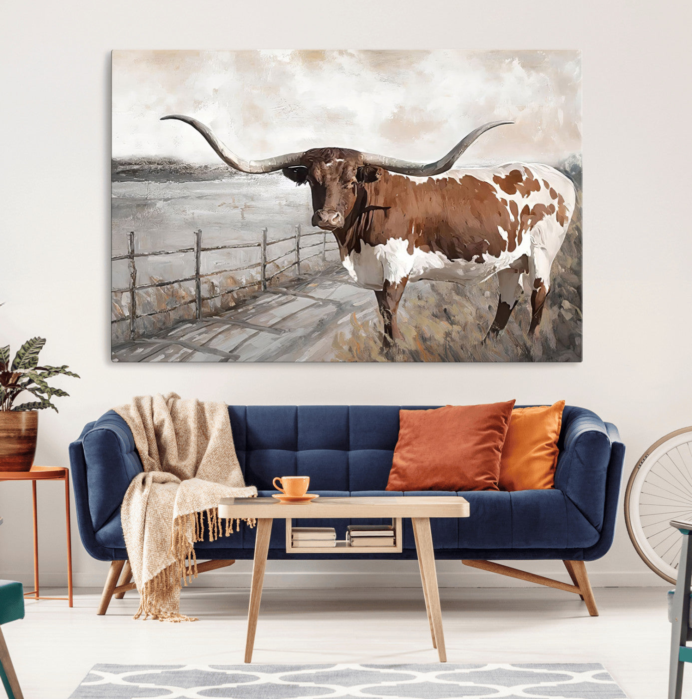 57340-MGV-CV-36X24-Vintage Texas Cow Wall Art Canvas Print, Rustic Longhorn Wall Art | Canvas Print for Farmhouse Decor