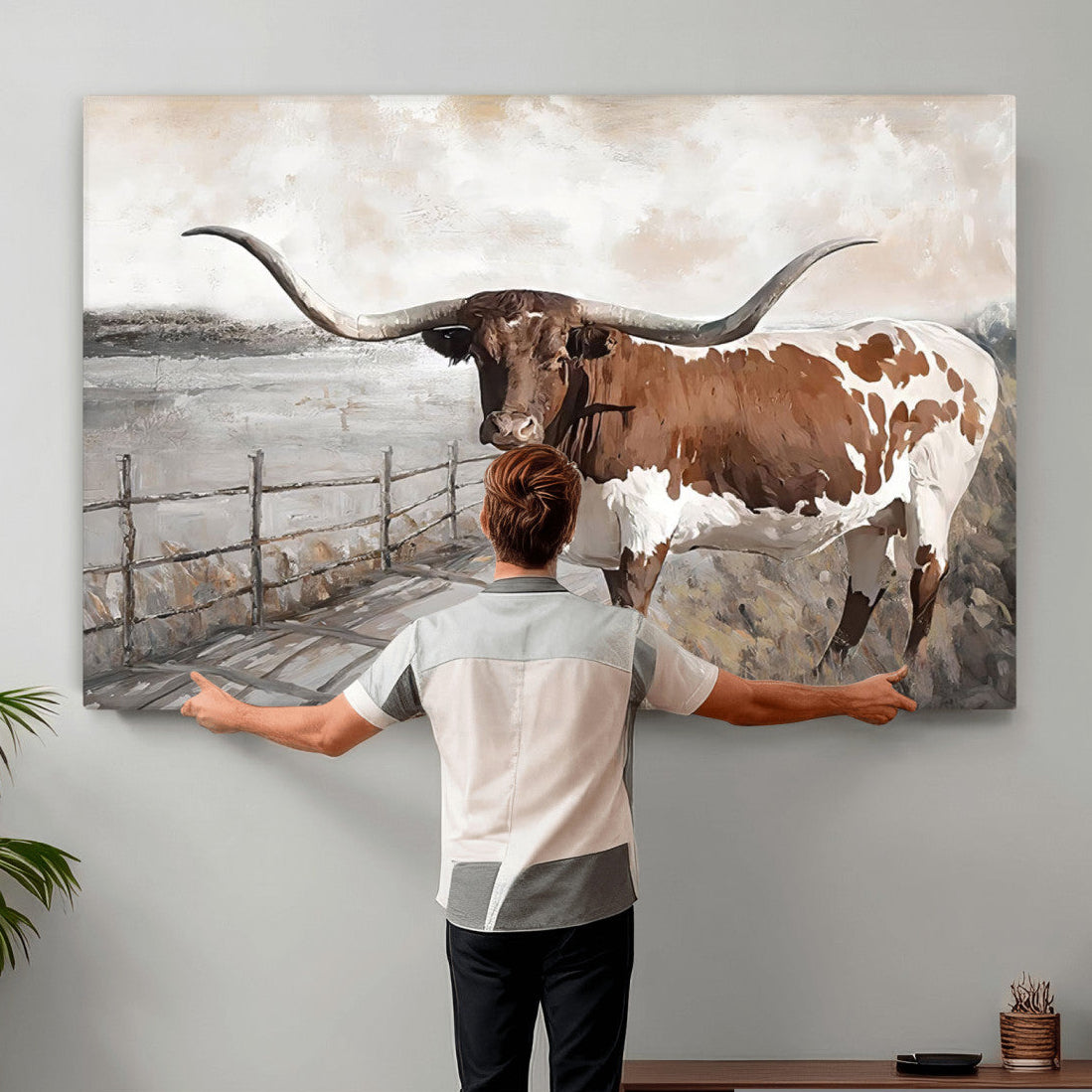 57340-MGV-CV-36X24 - Vintage Texas Cow Wall Art Canvas Print, Rustic Longhorn Wall Art | Canvas Print for Farmhouse Decor