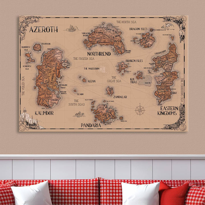 The Vintage Azeroth World Map Canvas Print, a stunning three-piece set, enhances the space with its vintage charm, perfectly complementing your gaming decor.