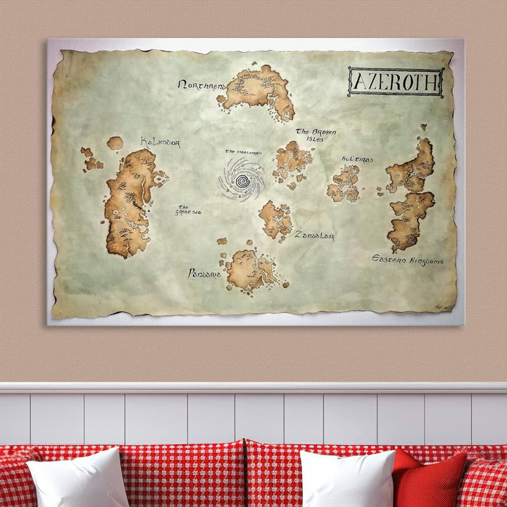 The Azeroth World Map Wall Art Canvas Print, a three-panel vintage piece, brings a cozy fantasy gaming atmosphere to the room.