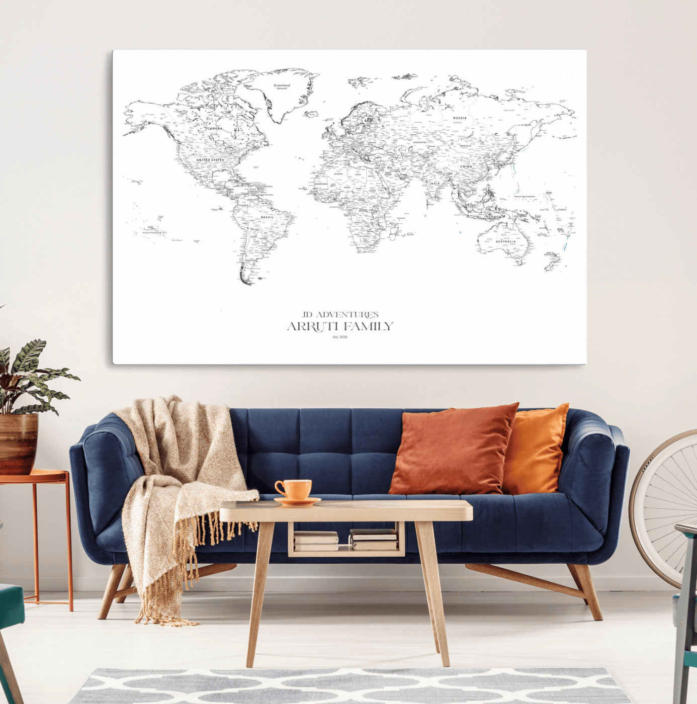 MGV-CV-36X24 - Custom World Map Wall Art – Personalized Framed Canvas Print with Push Pins for Travel Tracking,