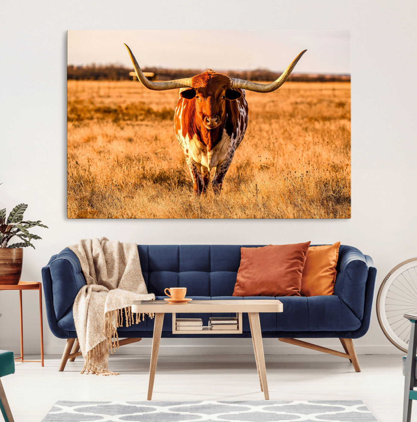 MGV-CV-36X24 - Longhorn Cow Wall Art | Ready to Hang Framed Canvas Print for Farmhouse and Barn Decor