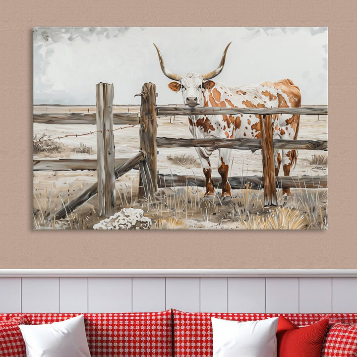 The Abstract Longhorn Cow Wall Art, a ready-to-hang framed canvas print, adds rustic charm and perfectly captures the essence of rural elegance.