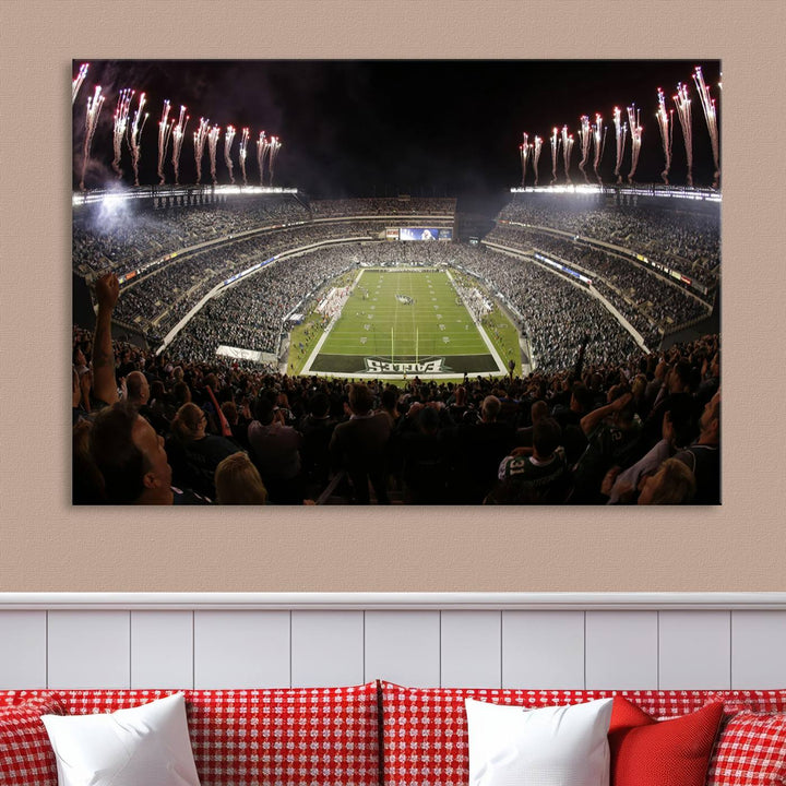 The living room features a spectacular Philadelphia Eagles Football Team Print. This wall art canvas print of Lincoln Financial Field at night captures a Philadelphia Eagles game under the dazzling brilliance of fireworks, making it an eye-catching centerpiece.