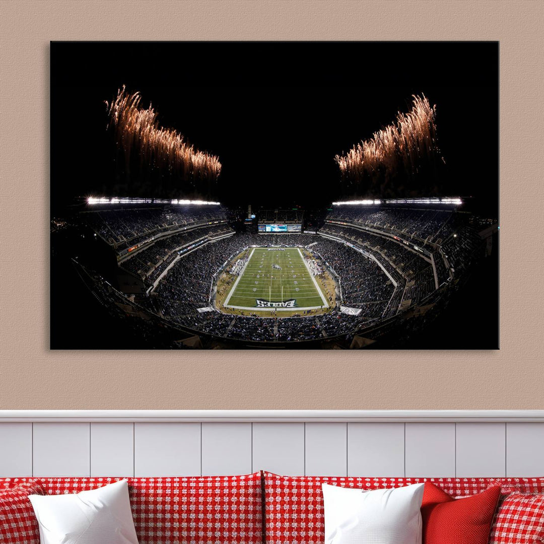 A stunning triptych wall art featuring the Philadelphia Eagles Football Team Print, capturing Lincoln Financial Field with spectacular fireworks.