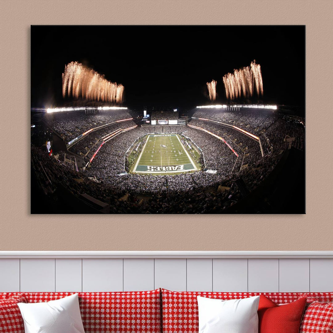 Experience the breathtaking Lincoln Financial Field Fireworks Game captured in this triple canvas wall art. A must-have for any Philadelphia Eagles fan!