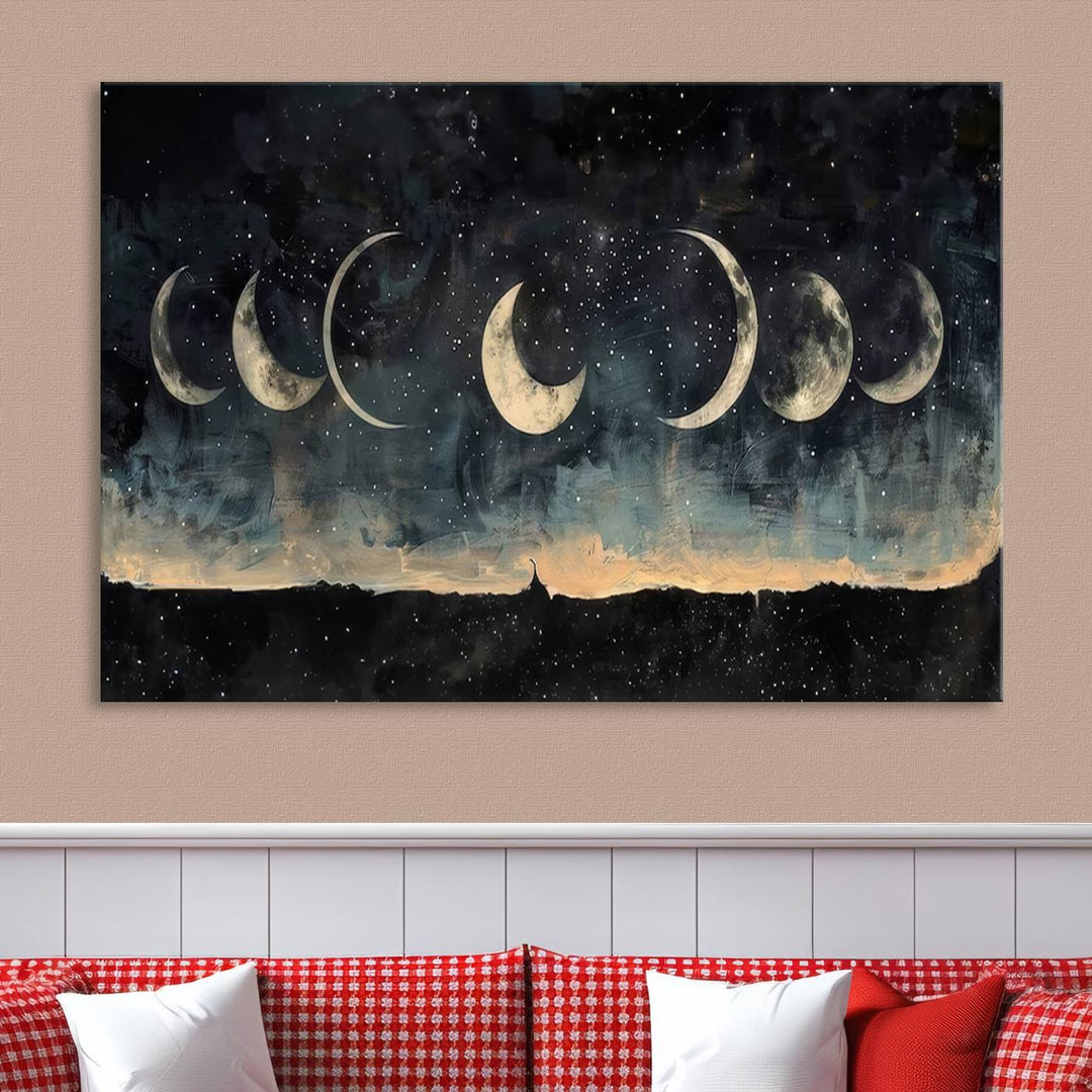 The "Phases of the Moon Wall Art," a framed canvas series capturing the celestial beauty of lunar cycles against a starry night, adds an elegant touch to the contemporary dining room.