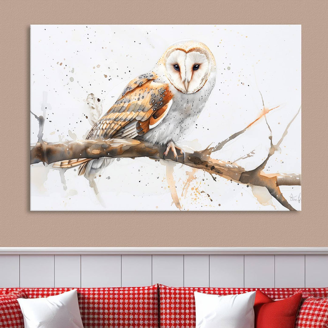 Introduce the tranquility of nature into your home with this stunning canvas print, featuring a Barn Owl on a branch. This triptych wall art, ready to hang and elegantly framed, is perfect for nature lovers seeking serene decor pieces.