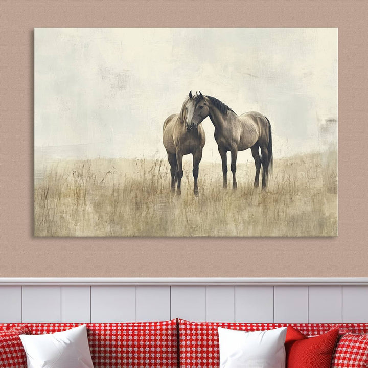 The Chinese Style Grunge Horses Wall Art Canvas Print, featuring a three-panel design of two horses in a misty field, is crafted on museum-quality canvas using high-resolution printing and hangs elegantly.