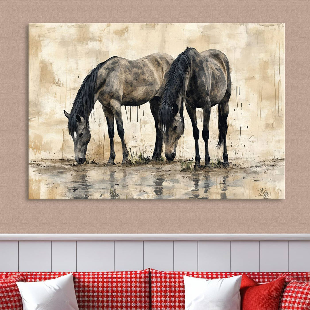 Chines Ink Style Black Horses Wall Art Canvas Print features a triptych painting of two horses drinking at the water's edge.