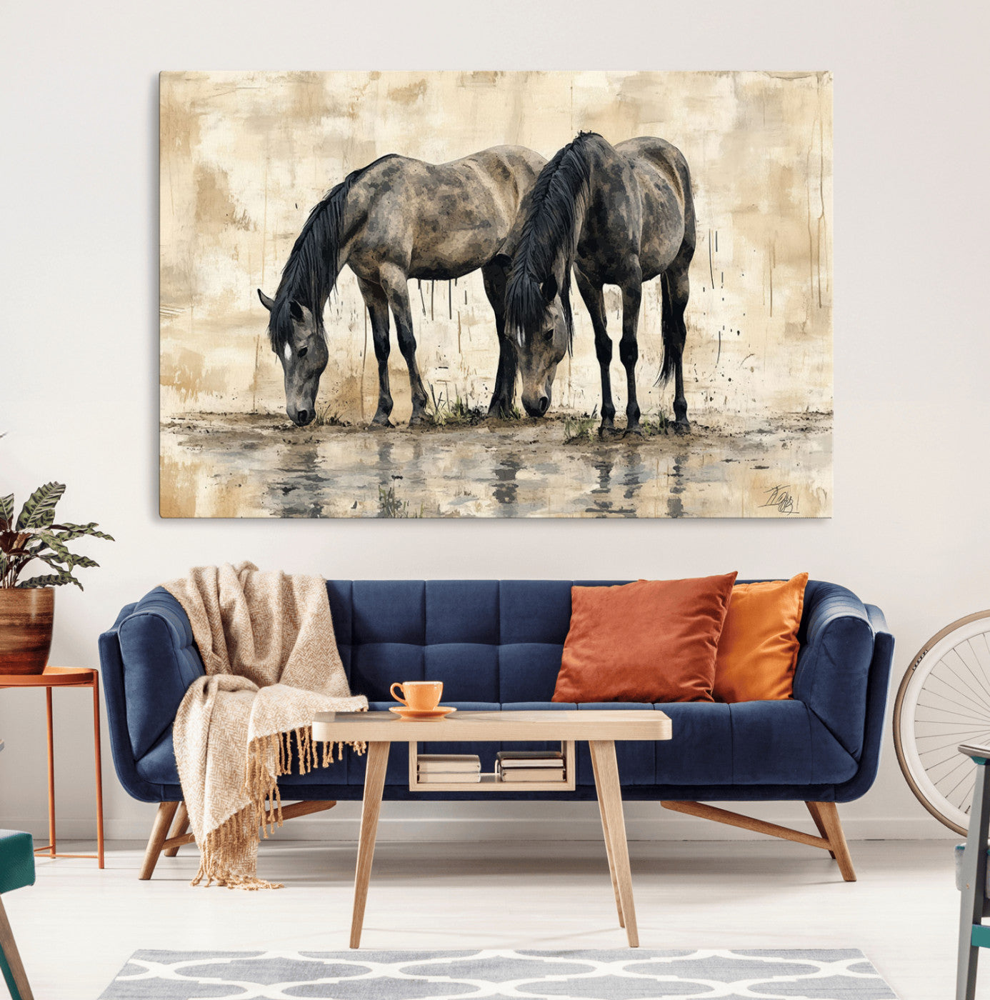 MGV-CV-36X24 - Chinese Style Abstract Black Horses Wall Art Canvas Print - Abstract Horse Wall Art Canvas Print