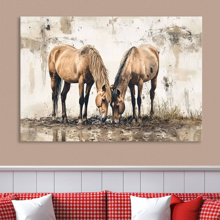 The Vintage Horses Wall Art, a ready-to-hang and framed triptych, beautifully captures two horses gracefully grazing. It perfectly complements the rustic charm of western farmhouse wall decor.