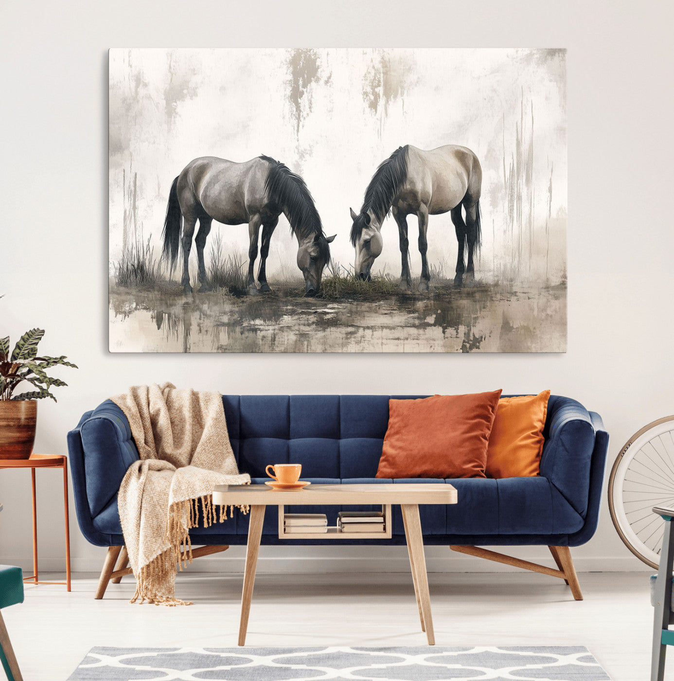 35494-MGV-CV-36X24-Chines Ink Style Vintage Horses Wall Art Canvas Print for Farmhouse Wall Decor