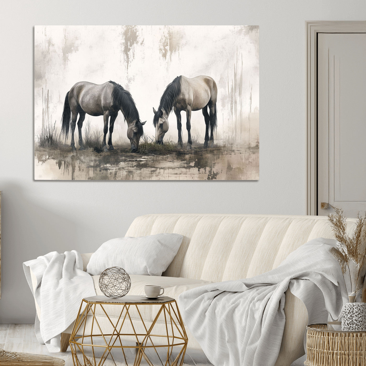 35494-MGV-CV-36X24-Chines Ink Style Vintage Horses Wall Art Canvas Print for Farmhouse Wall Decor