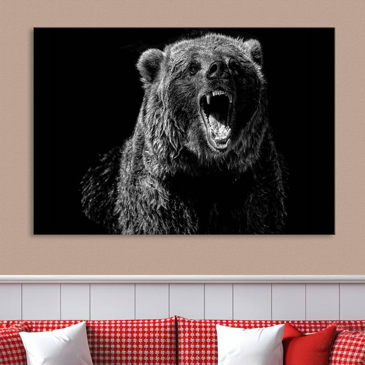 A striking Bear Canvas Print, perfect for cabin decor and ready to hang, is displayed in the modern living room, adding a touch of wildlife art to the sleek design.