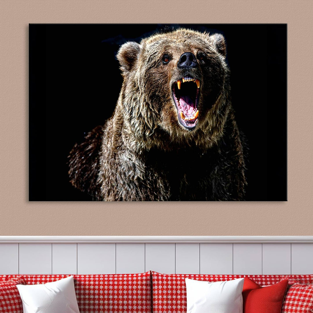 The Grizzly Bear Canvas Print, featuring wildlife wall art on a black background, is ready to hang and is perfect for rustic cabin decor.