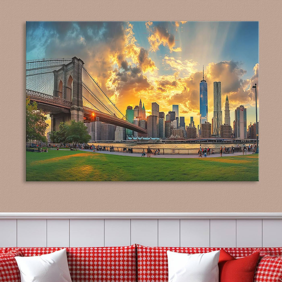 The "Brooklyn Bridge New York Skyline Wall Art" is a ready-to-hang framed canvas print that beautifully captures the cityscape at sunset, showcasing the iconic Brooklyn Bridge and majestic skyscrapers.