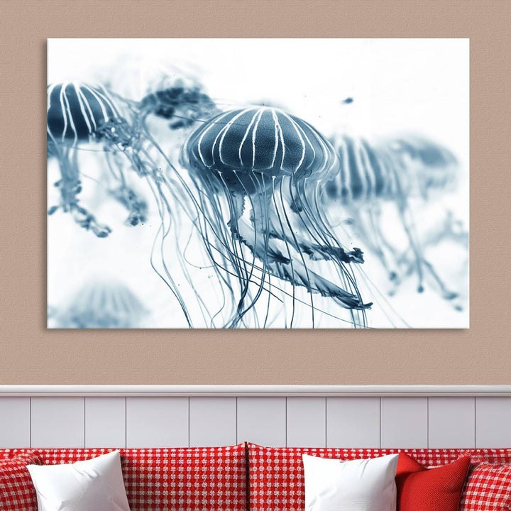 The Abstract Jellyfish Wall Art Canvas Print, a three-panel piece featuring high-resolution printing, hangs elegantly in the room, adding vibrant detail to the space.