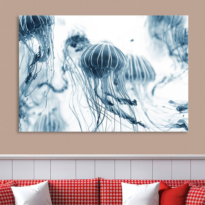 The "Abstract Jellyfish Wall Art Canvas Print" in high resolution is beautifully displayed as a triptych on a dark wall. Experience museum-quality canvas and enjoy free shipping with this stunning piece.