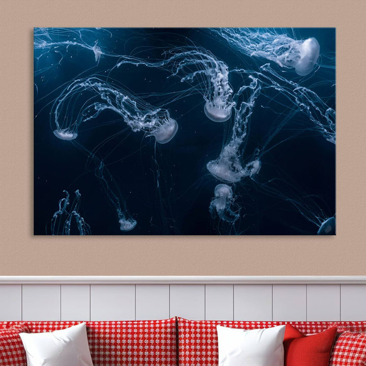 Room with modern decor, featuring the Abstract Jellyfish in Ocean Wall Art Canvas Print on museum-quality canvas.