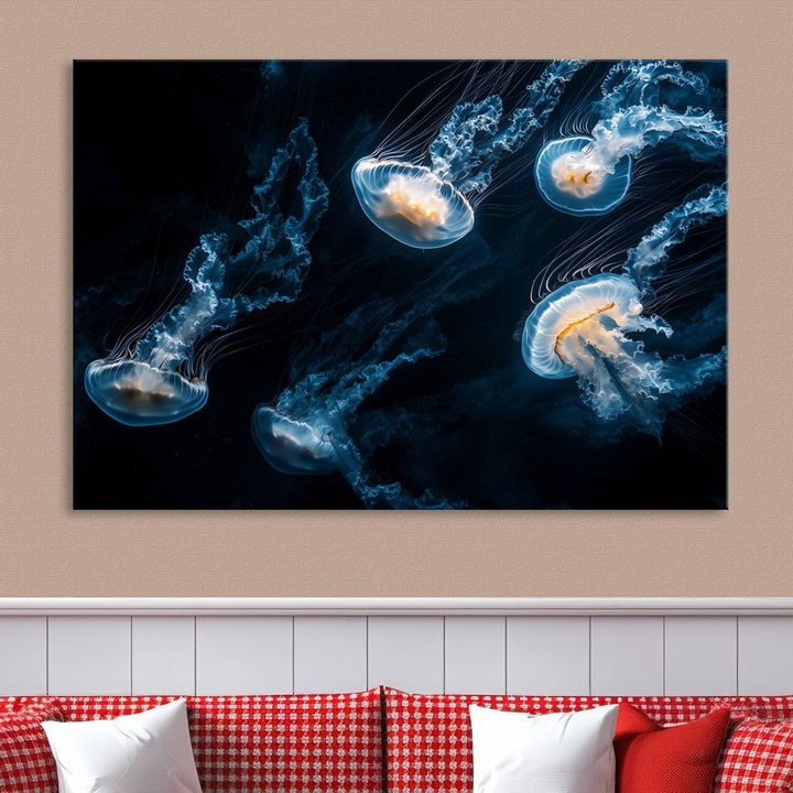 The "Jellyfish Wall Art Canvas Print," featuring a sea-themed design of glowing jellyfish, is displayed in high-resolution on museum-quality canvas.