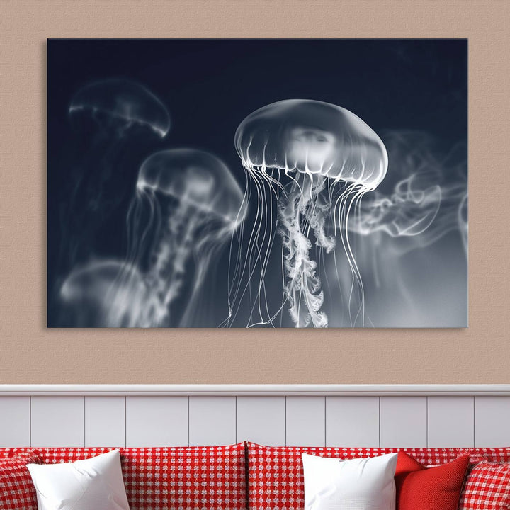 A stunning Jellyfish Wall Art Canvas Print showcases museum-quality canvas through high-resolution printing.